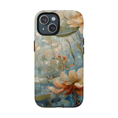 Waterlily Dreamscape floral iPhone 15 Air MagSafe case featuring soft botanical waterlily flowers in blue, ivory, and peach with dreamy watercolor garden design.