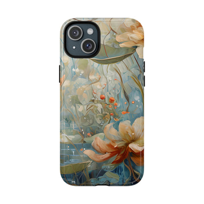 Waterlily Dreamscape floral iPhone 15 Plus Air MagSafe case featuring soft botanical waterlily flowers in blue, ivory, and peach with dreamy watercolor garden design.
