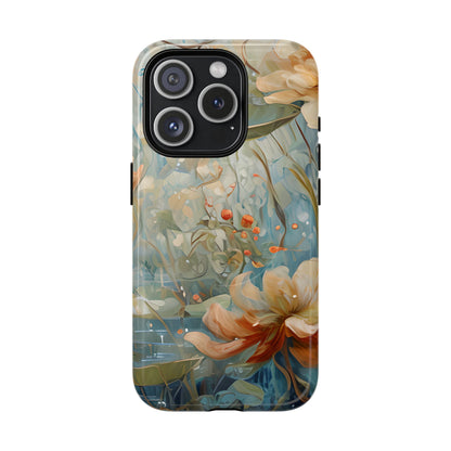 Waterlily Dreamscape floral iPhone 15 Pro Air MagSafe case featuring soft botanical waterlily flowers in blue, ivory, and peach with dreamy watercolor garden design.