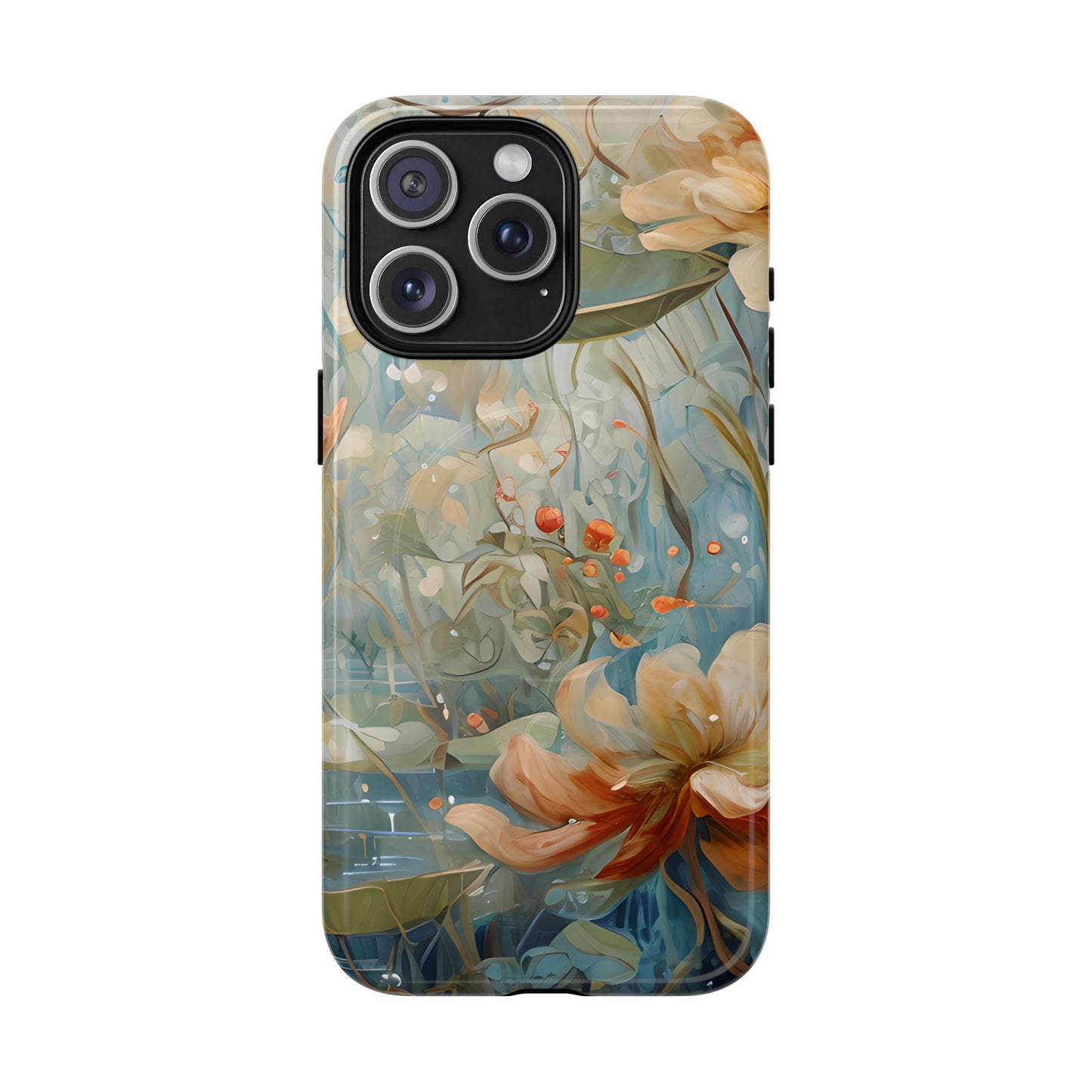 Waterlily Dreamscape floral iPhone 15 Pro Max Air MagSafe case featuring soft botanical waterlily flowers in blue, ivory, and peach with dreamy watercolor garden design.