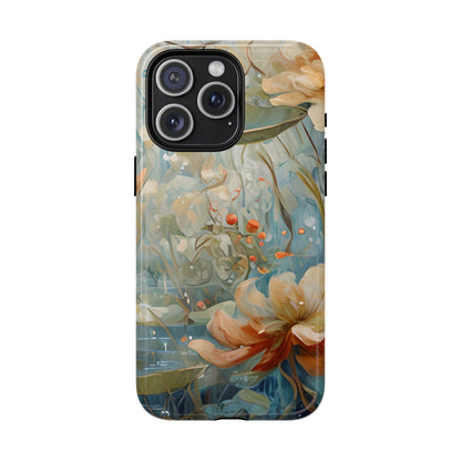 Waterlily Dreamscape floral iPhone 15 Pro Max Air MagSafe case featuring soft botanical waterlily flowers in blue, ivory, and peach with dreamy watercolor garden design.