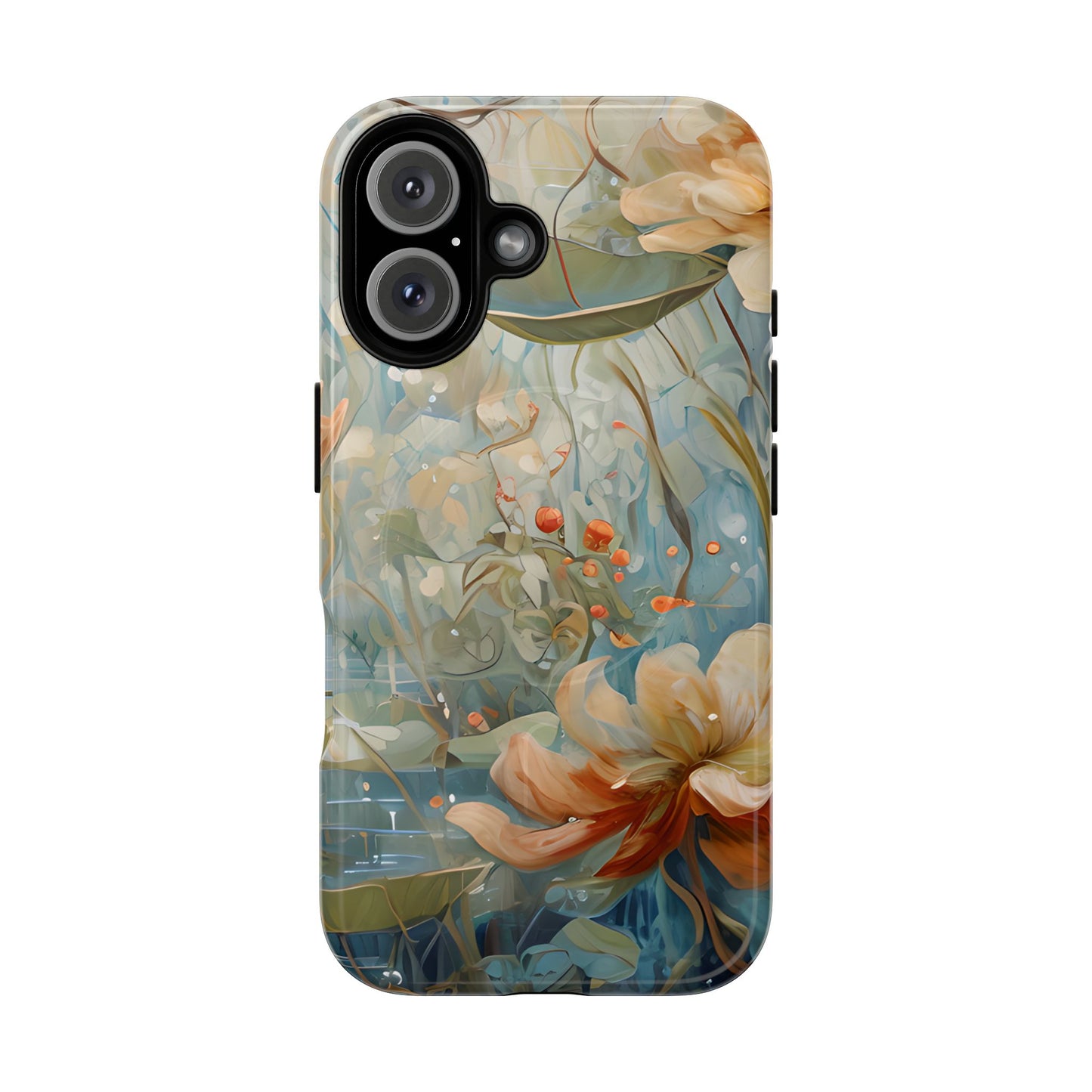 Waterlily Dreamscape floral iPhone 16 Air MagSafe case featuring soft botanical waterlily flowers in blue, ivory, and peach with dreamy watercolor garden design.