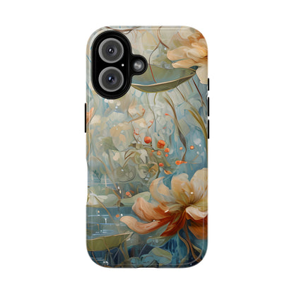 Waterlily Dreamscape floral iPhone 16 Air MagSafe case featuring soft botanical waterlily flowers in blue, ivory, and peach with dreamy watercolor garden design.