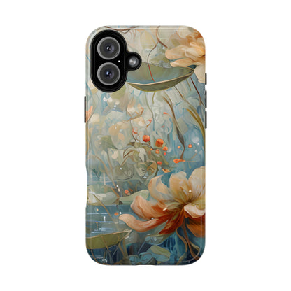 Waterlily Dreamscape floral iPhone 16 Plus Air MagSafe case featuring soft botanical waterlily flowers in blue, ivory, and peach with dreamy watercolor garden design.