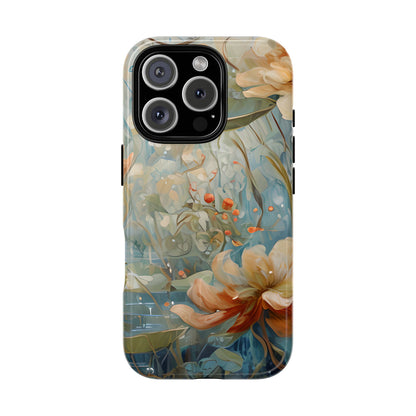 Waterlily Dreamscape floral iPhone 16 Pro Air MagSafe case featuring soft botanical waterlily flowers in blue, ivory, and peach with dreamy watercolor garden design.