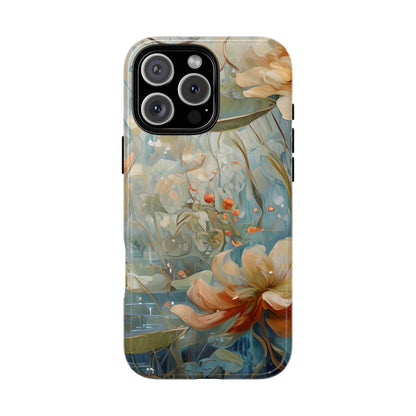 Waterlily Dreamscape floral iPhone 16 Pro Max Air MagSafe case featuring soft botanical waterlily flowers in blue, ivory, and peach with dreamy watercolor garden design.