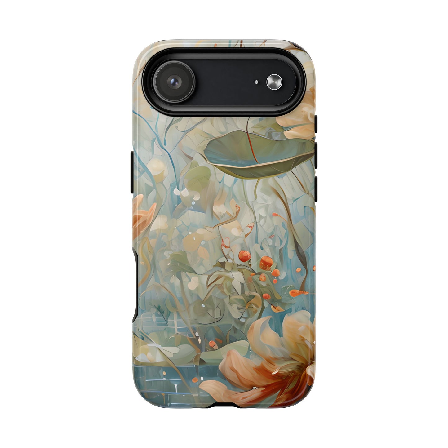 Waterlily Dreamscape floral iPhone 17 Air MagSafe case featuring soft botanical waterlily flowers in blue, ivory, and peach with dreamy watercolor garden design.