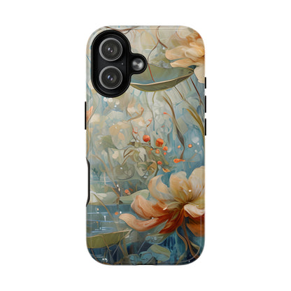 Waterlily Dreamscape floral iPhone 17 MagSafe case featuring soft botanical waterlily flowers in blue, ivory, and peach with dreamy watercolor garden design.