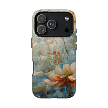 Waterlily Dreamscape floral iPhone 17 Pro MagSafe case featuring soft botanical waterlily flowers in blue, ivory, and peach with dreamy watercolor garden design.