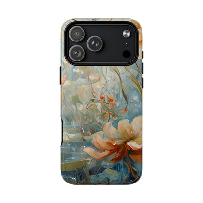 Waterlily Dreamscape floral iPhone 17 Pro Max MagSafe case featuring soft botanical waterlily flowers in blue, ivory, and peach with dreamy watercolor garden design.