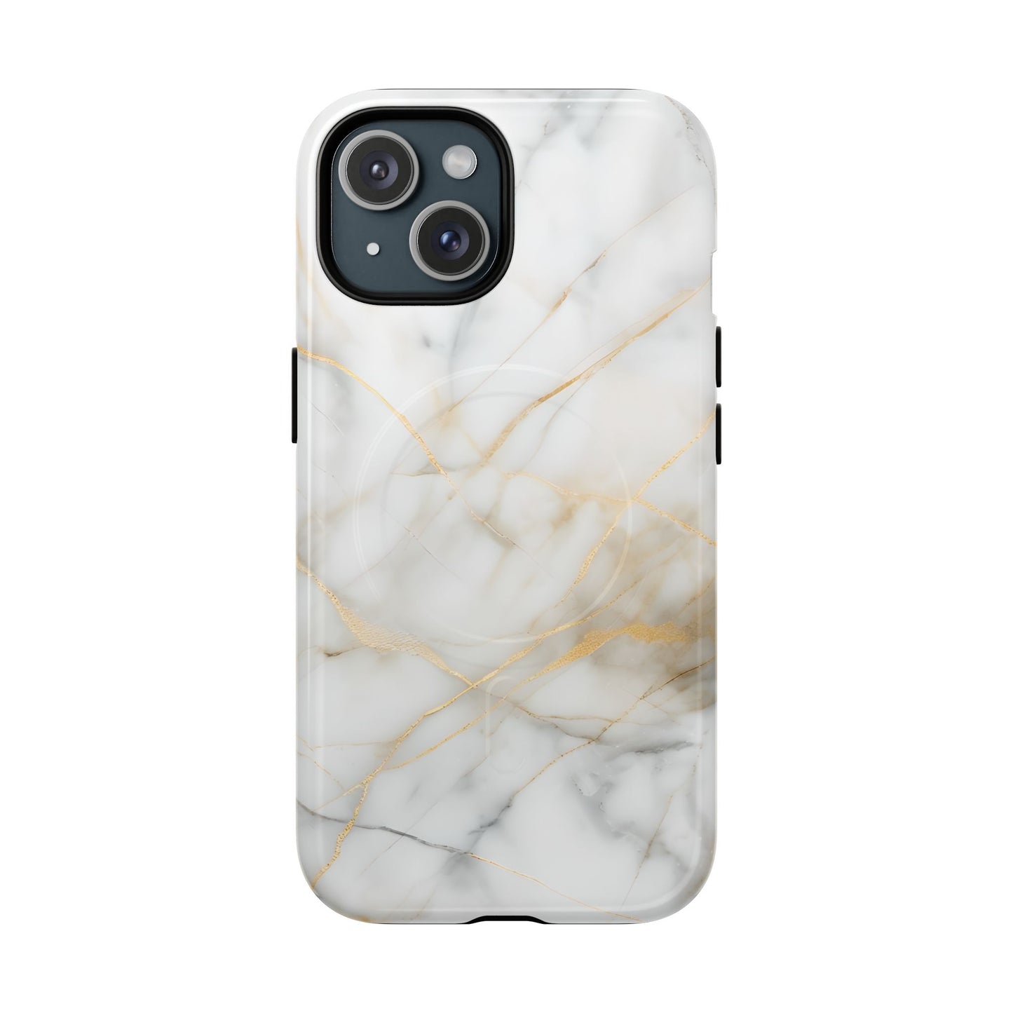 Golden Vein white marble iPhone 15 MagSafe case featuring elegant gold veining on a modern minimalist marble design.