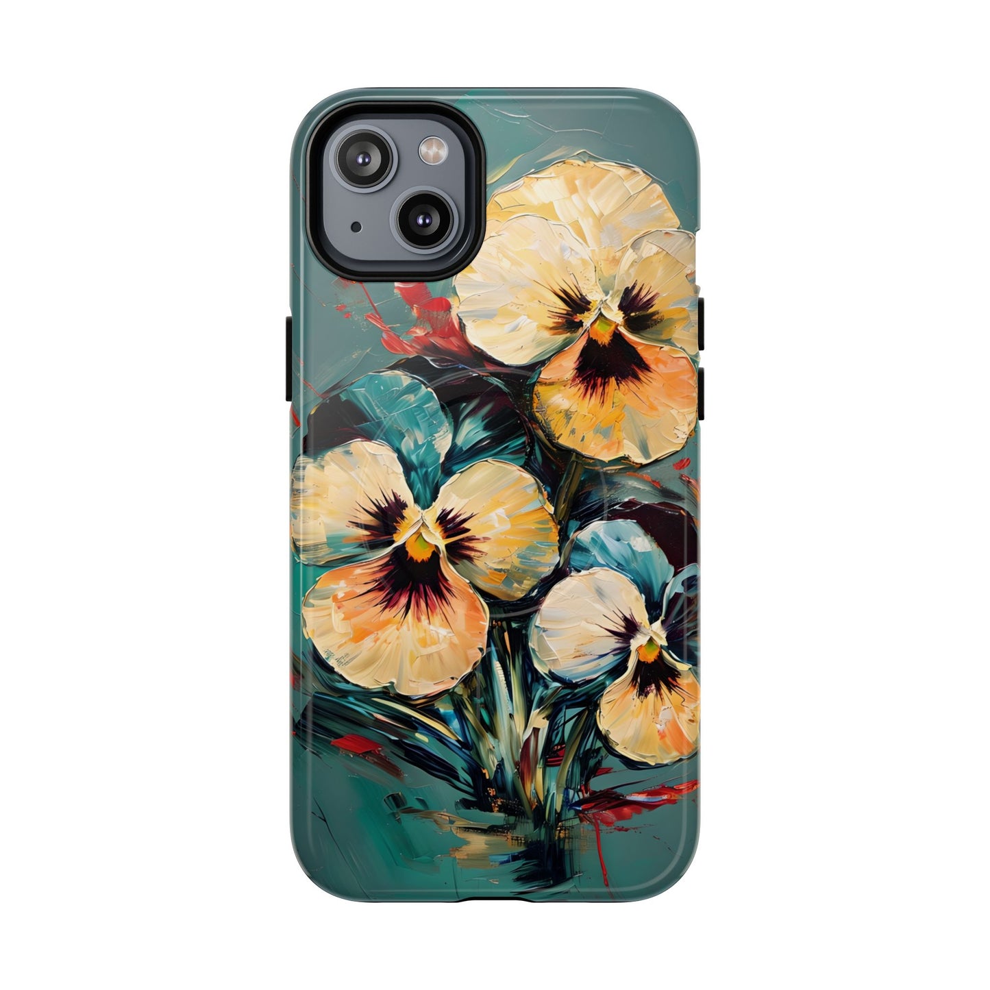 Golden Pansy Cascade floral iPhone 14 Plus MagSafe case featuring painterly yellow and cream pansy flowers with deep violet centers on a teal background.