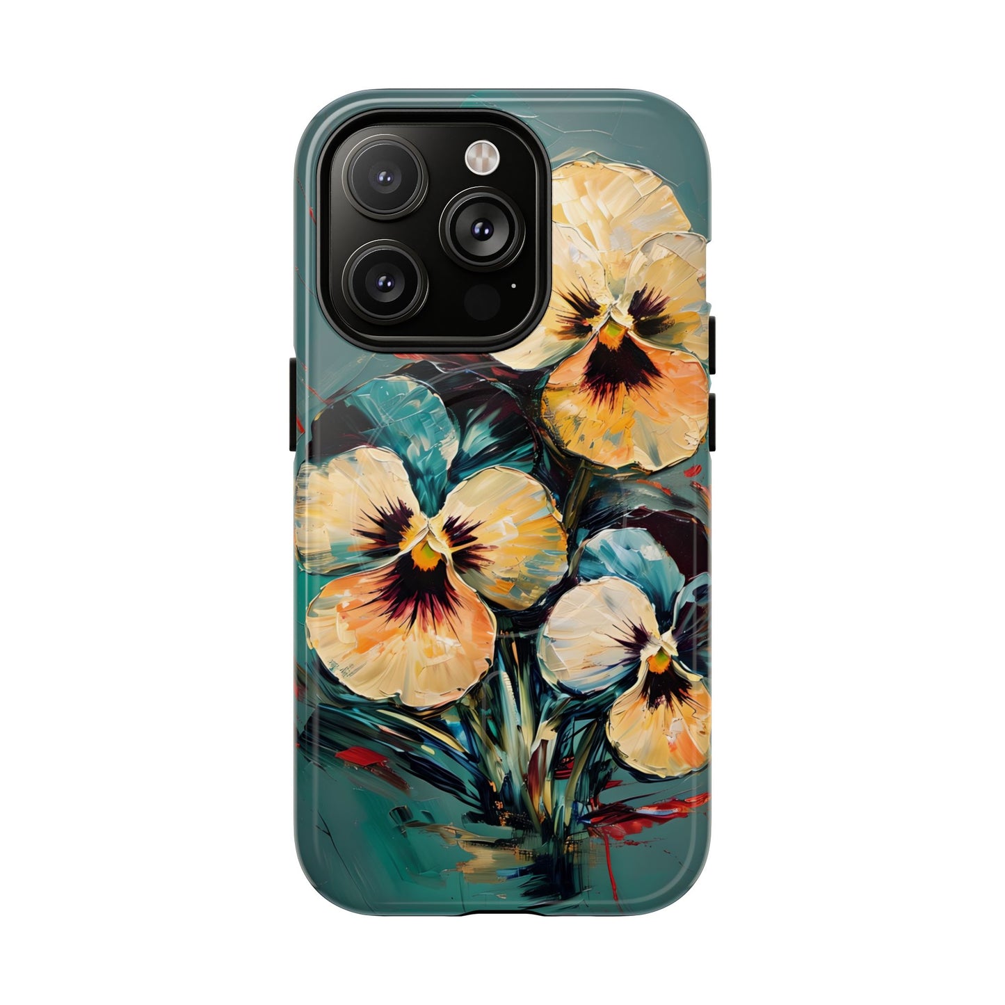 Golden Pansy Cascade floral iPhone 14 Pro MagSafe case featuring painterly yellow and cream pansy flowers with deep violet centers on a teal background.