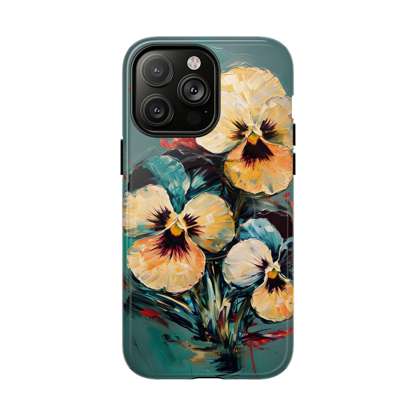 Golden Pansy Cascade floral iPhone 14 Pro Max MagSafe case featuring painterly yellow and cream pansy flowers with deep violet centers on a teal background.