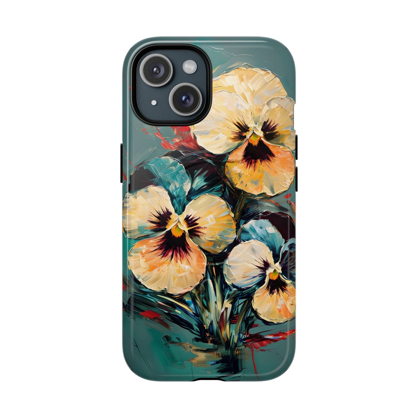 Golden Pansy Cascade floral iPhone 15 MagSafe case featuring painterly yellow and cream pansy flowers with deep violet centers on a teal background.