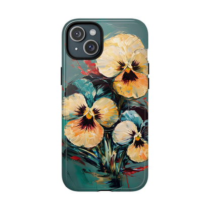 Golden Pansy Cascade floral iPhone 15 Plus MagSafe case featuring painterly yellow and cream pansy flowers with deep violet centers on a teal background.