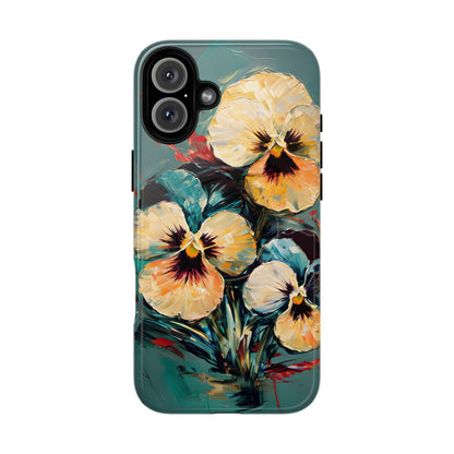 Golden Pansy Cascade floral iPhone 16 Plus MagSafe case featuring painterly yellow and cream pansy flowers with deep violet centers on a teal background.