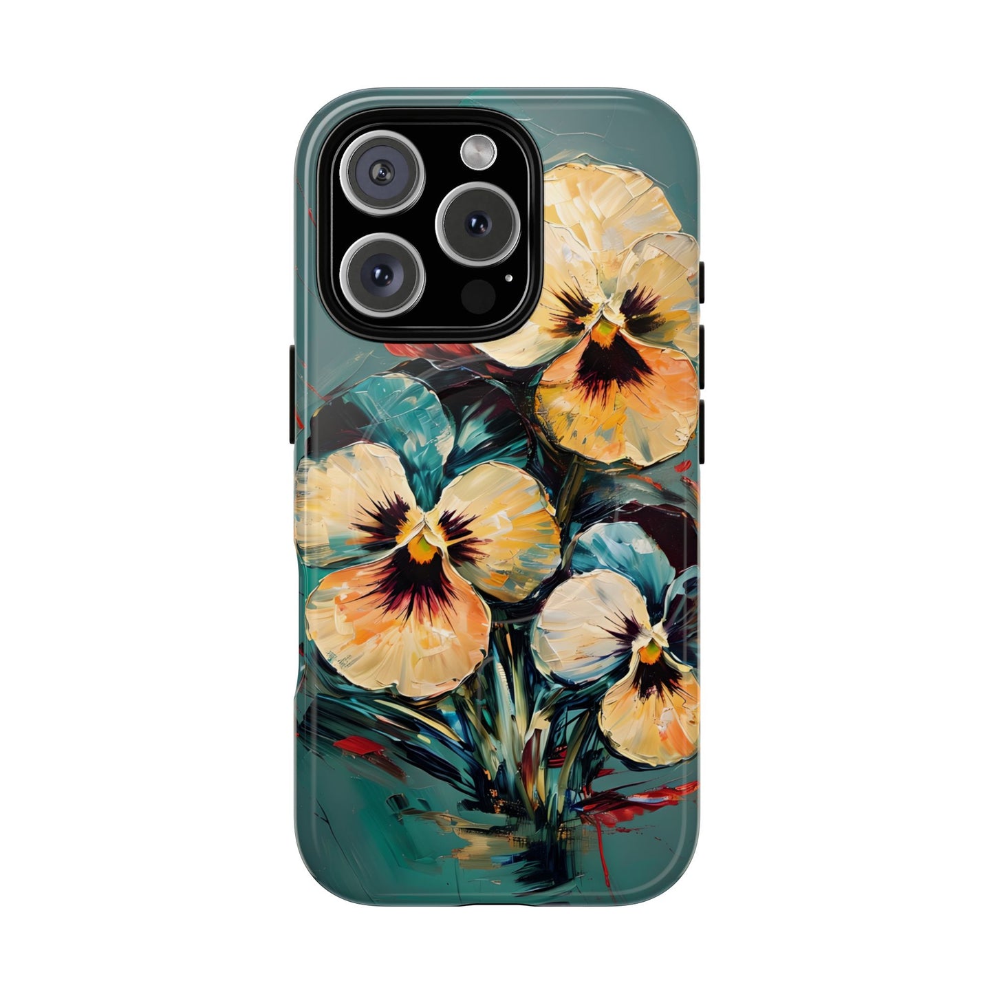 Golden Pansy Cascade floral iPhone 16 Pro MagSafe case featuring painterly yellow and cream pansy flowers with deep violet centers on a teal background.