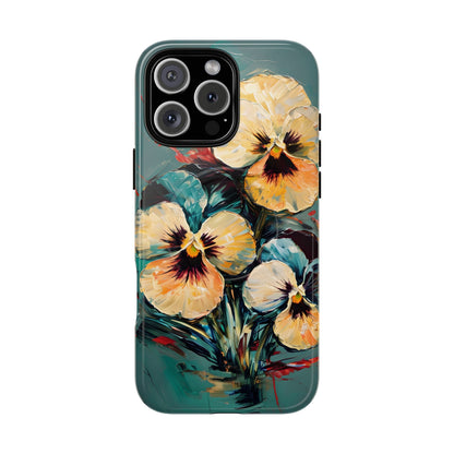 Golden Pansy Cascade floral iPhone 16 Pro Max MagSafe case featuring painterly yellow and cream pansy flowers with deep violet centers on a teal background.