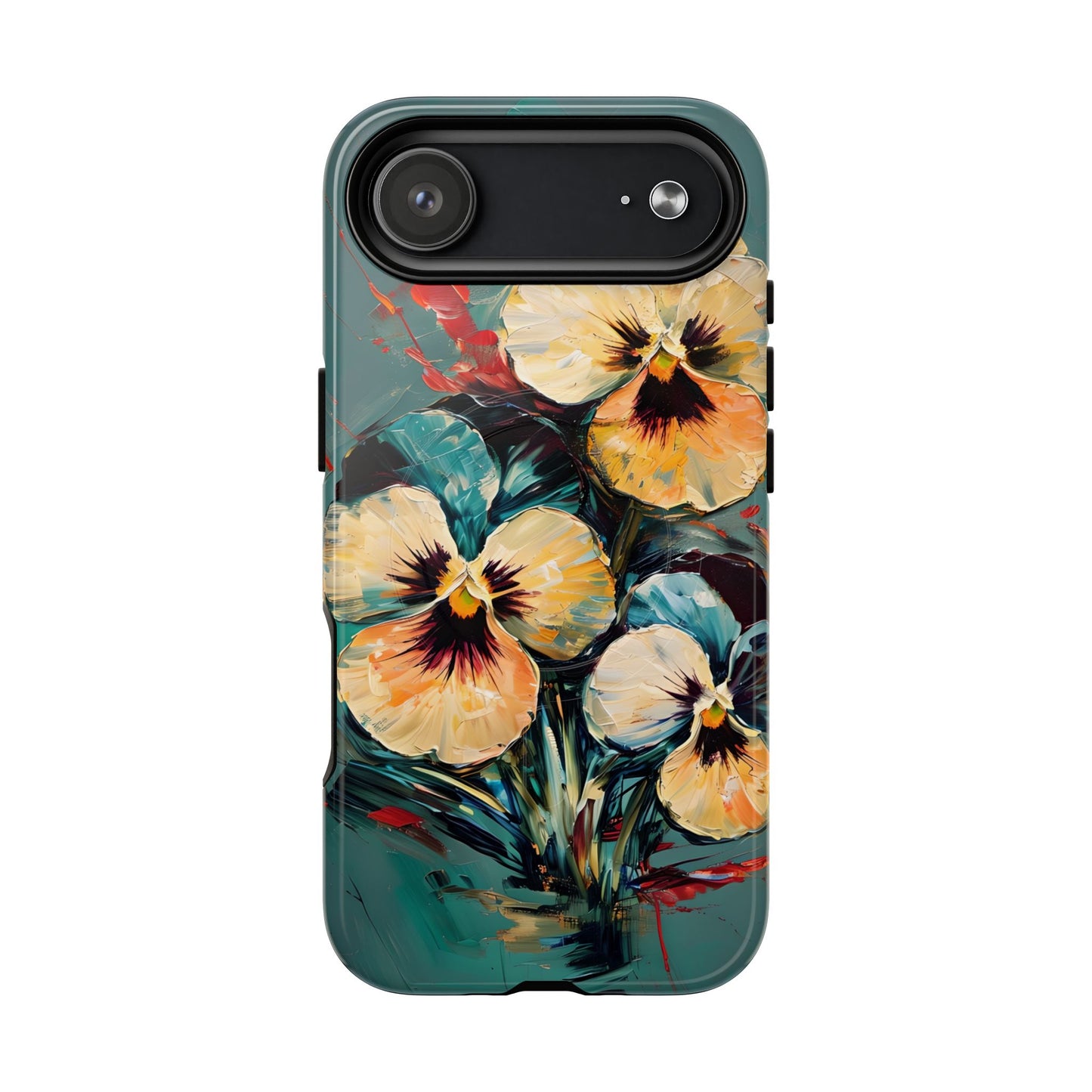 Golden Pansy Cascade floral iPhone 17 Air MagSafe case featuring painterly yellow and cream pansy flowers with deep violet centers on a teal background.