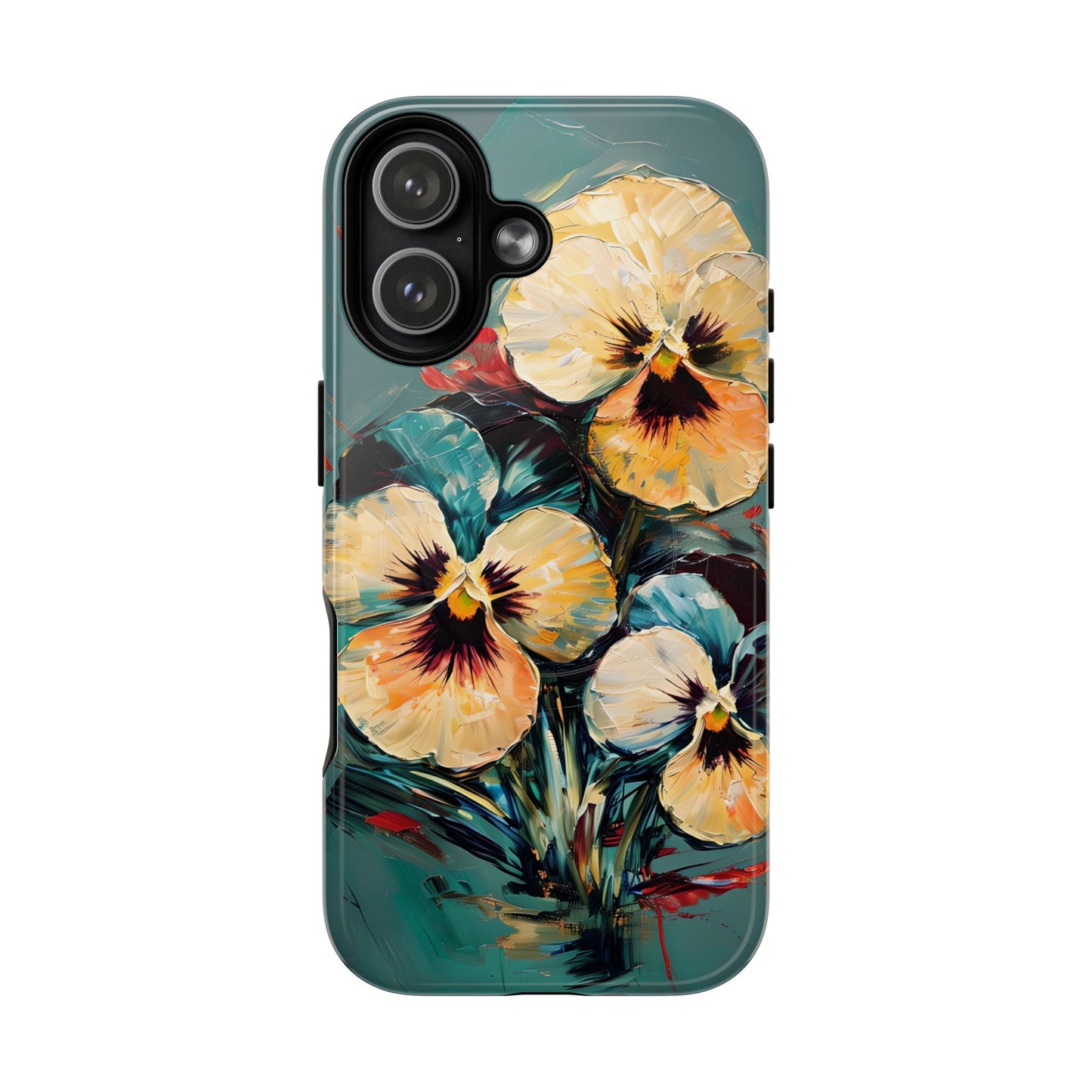 Golden Pansy Cascade floral iPhone 17 MagSafe case featuring painterly yellow and cream pansy flowers with deep violet centers on a teal background.