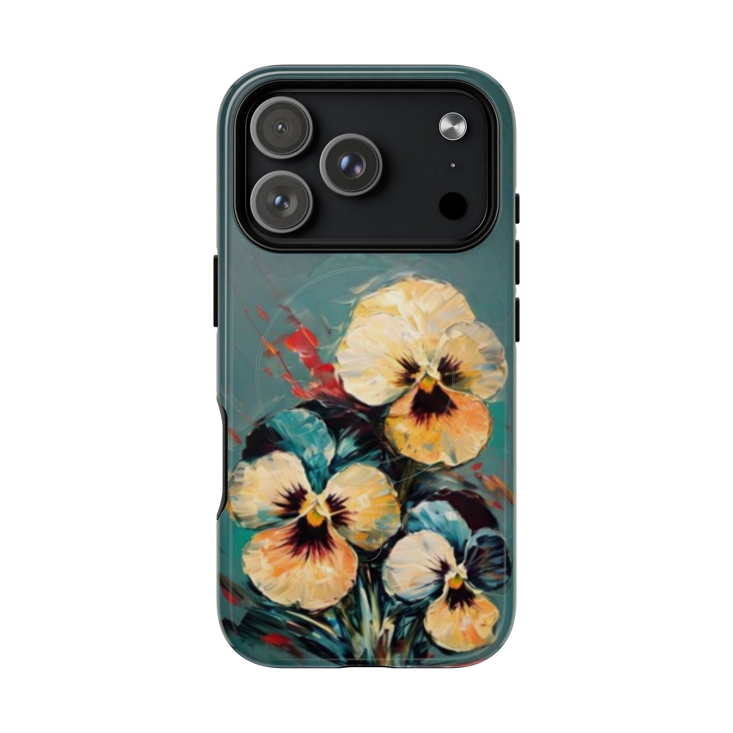 Golden Pansy Cascade floral iPhone 17 Pro MagSafe case featuring painterly yellow and cream pansy flowers with deep violet centers on a teal background.