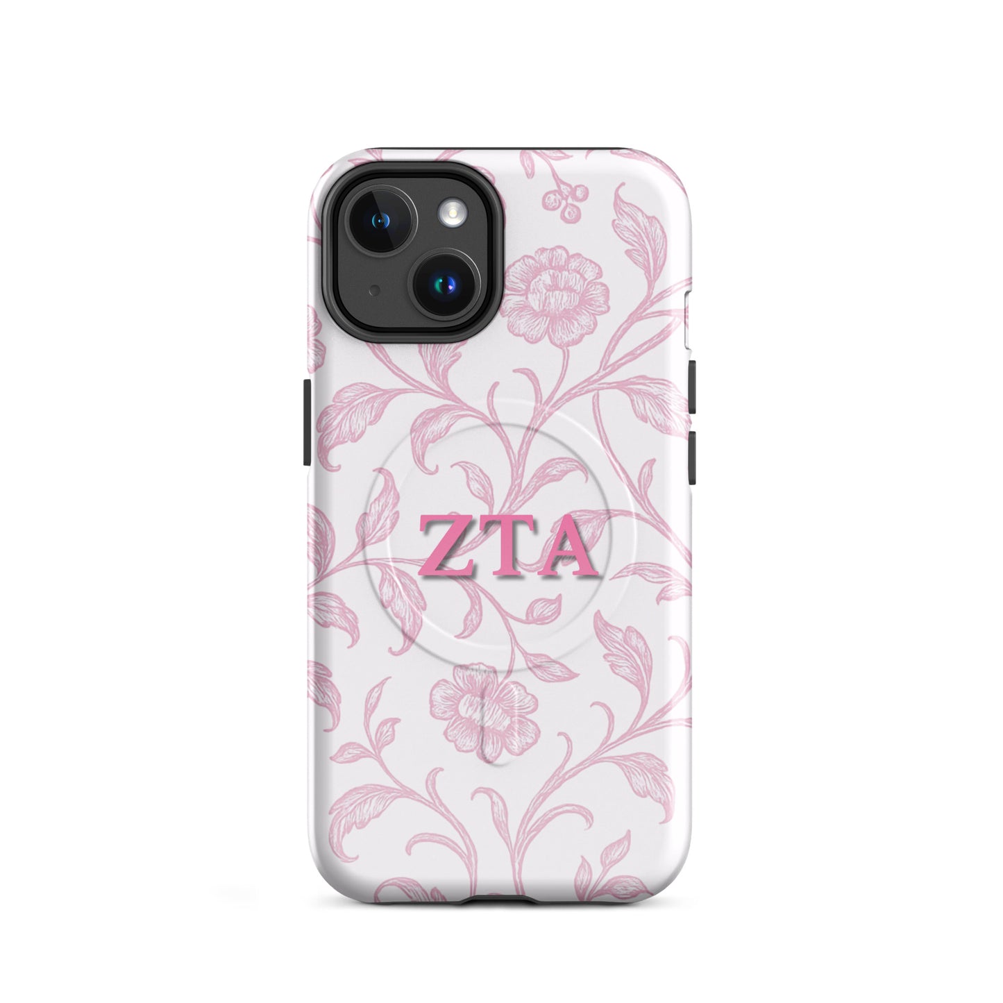 Zeta Tau Alpha floral toile iPhone 14 case with pink vine pattern and ZTA Greek letters MagSafe compatible on white background