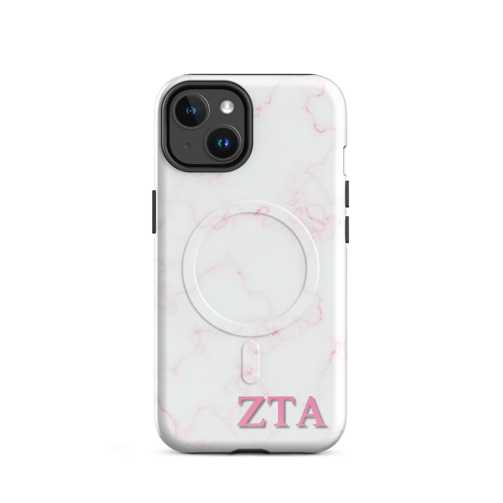 Zeta Tau Alpha marble iPhone 14 case with soft pink veining and pink ZTA Greek letters MagSafe compatible on white background