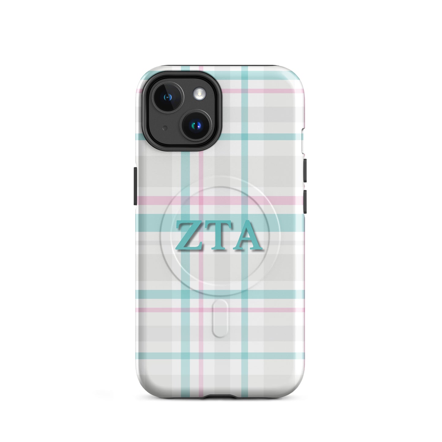 Zeta Tau Alpha plaid iPhone 14 case with pastel teal and pink tartan pattern and ZTA Greek letters MagSafe compatible on white background