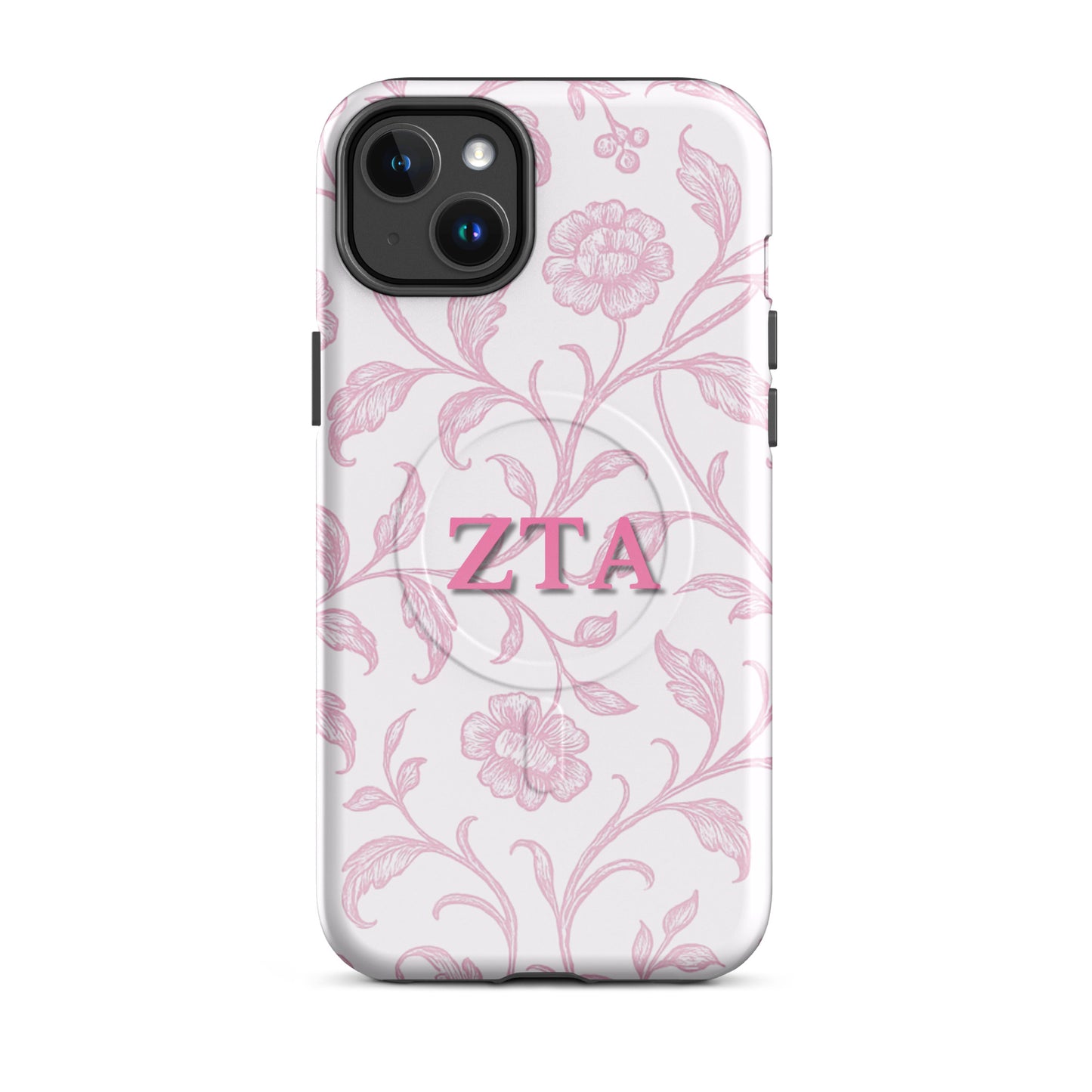 Zeta Tau Alpha ZTA iPhone 14 Plus case with pink floral toile pattern and MagSafe ring close-up on white background
