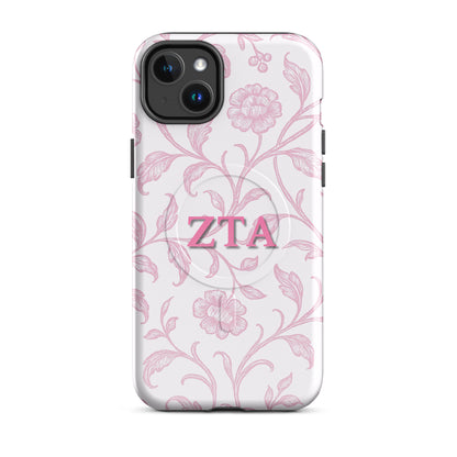 Zeta Tau Alpha ZTA iPhone 14 Plus case with pink floral toile pattern and MagSafe ring close-up on white background