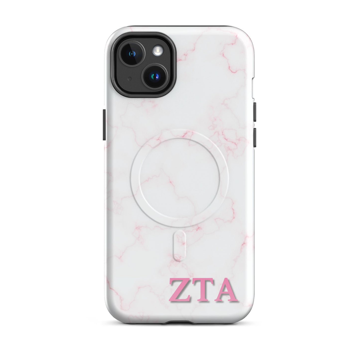Zeta Tau Alpha ZTA iPhone 14 Plus case white marble design with light pink veins and MagSafe ring close-up on white background