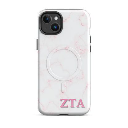 Zeta Tau Alpha ZTA iPhone 14 Plus case white marble design with light pink veins and MagSafe ring close-up on white background