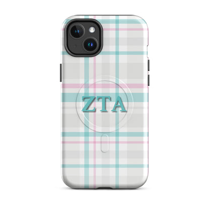 Zeta Tau Alpha ZTA iPhone 14 Plus case pastel plaid design with teal and pink lines and MagSafe ring close-up on white background