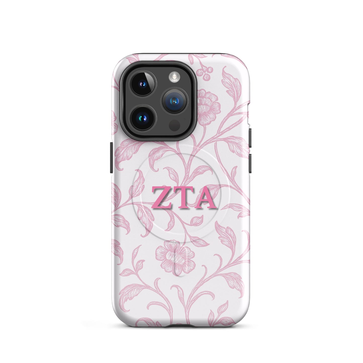 Zeta Tau Alpha iPhone 14 Pro case with blush floral pattern pink ZTA letters MagSafe compatible slim case on white background