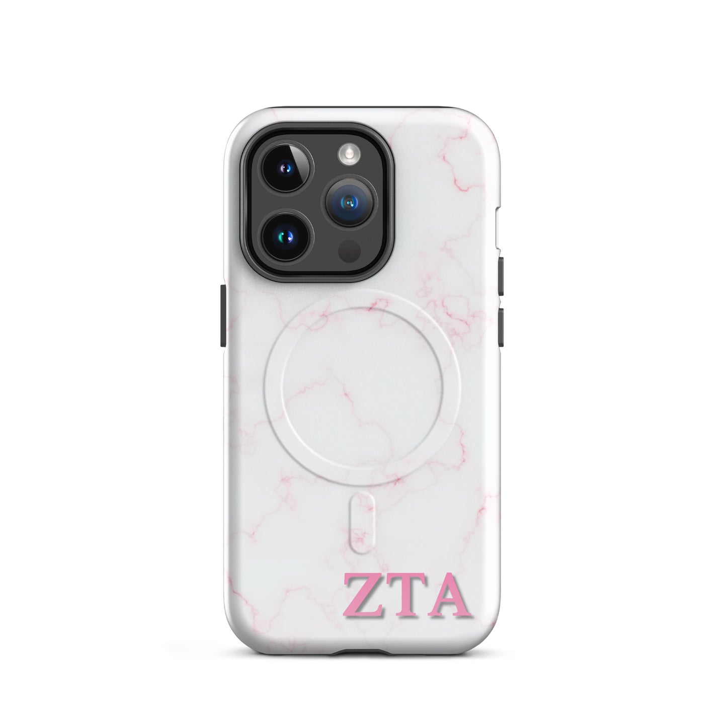Zeta Tau Alpha iPhone 14 Pro case with blush marble pattern pink ZTA letters MagSafe compatible slim case on white background