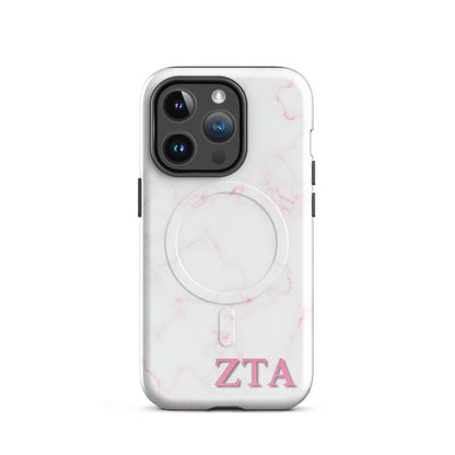 Zeta Tau Alpha iPhone 14 Pro case with blush marble pattern pink ZTA letters MagSafe compatible slim case on white background