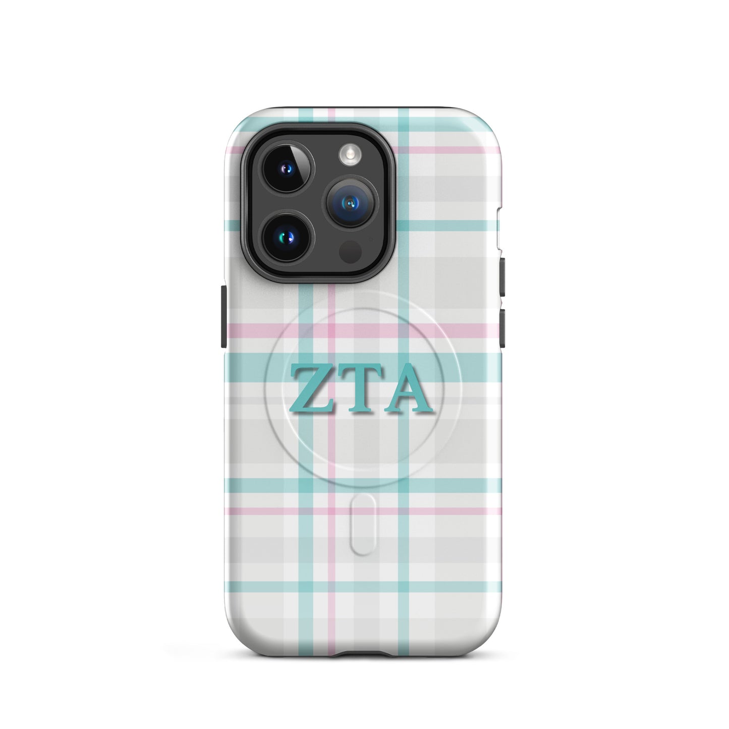 Zeta Tau Alpha iPhone 14 Pro case with soft pastel plaid pattern teal and pink ZTA letters MagSafe compatible slim case on white background