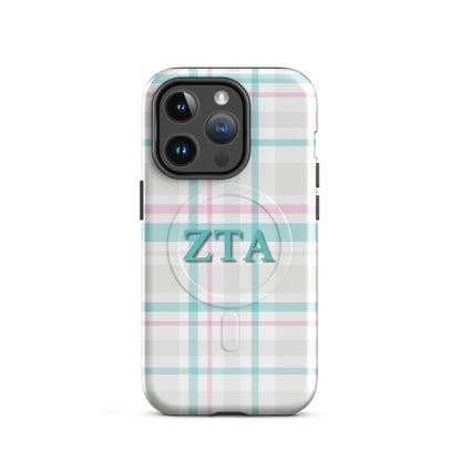 Zeta Tau Alpha iPhone 14 Pro case with soft pastel plaid pattern teal and pink ZTA letters MagSafe compatible slim case on white background