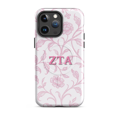 Zeta Tau Alpha floral toile iPhone 14 Pro Max case with pink vine pattern and ZTA Greek letters MagSafe compatible on white background