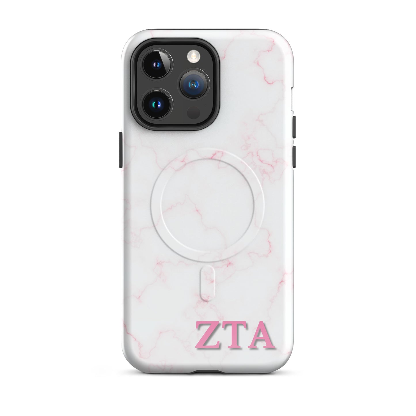 Zeta Tau Alpha marble iPhone 14 Pro Max case with soft pink veining and pink ZTA Greek letters MagSafe compatible on white background