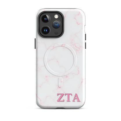 Zeta Tau Alpha marble iPhone 14 Pro Max case with soft pink veining and pink ZTA Greek letters MagSafe compatible on white background