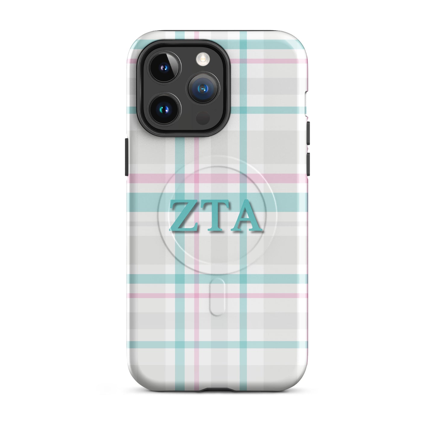Zeta Tau Alpha plaid iPhone 14 Pro Max case with pastel teal and pink tartan pattern and ZTA Greek letters MagSafe compatible on white background