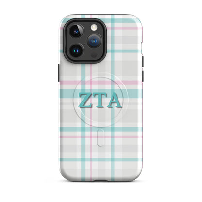 Zeta Tau Alpha plaid iPhone 14 Pro Max case with pastel teal and pink tartan pattern and ZTA Greek letters MagSafe compatible on white background