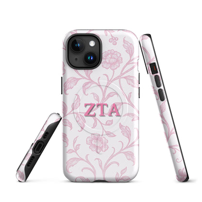 Zeta Tau Alpha floral toile iPhone case with pink vine pattern and ZTA Greek letters MagSafe compatible front and side views on white background