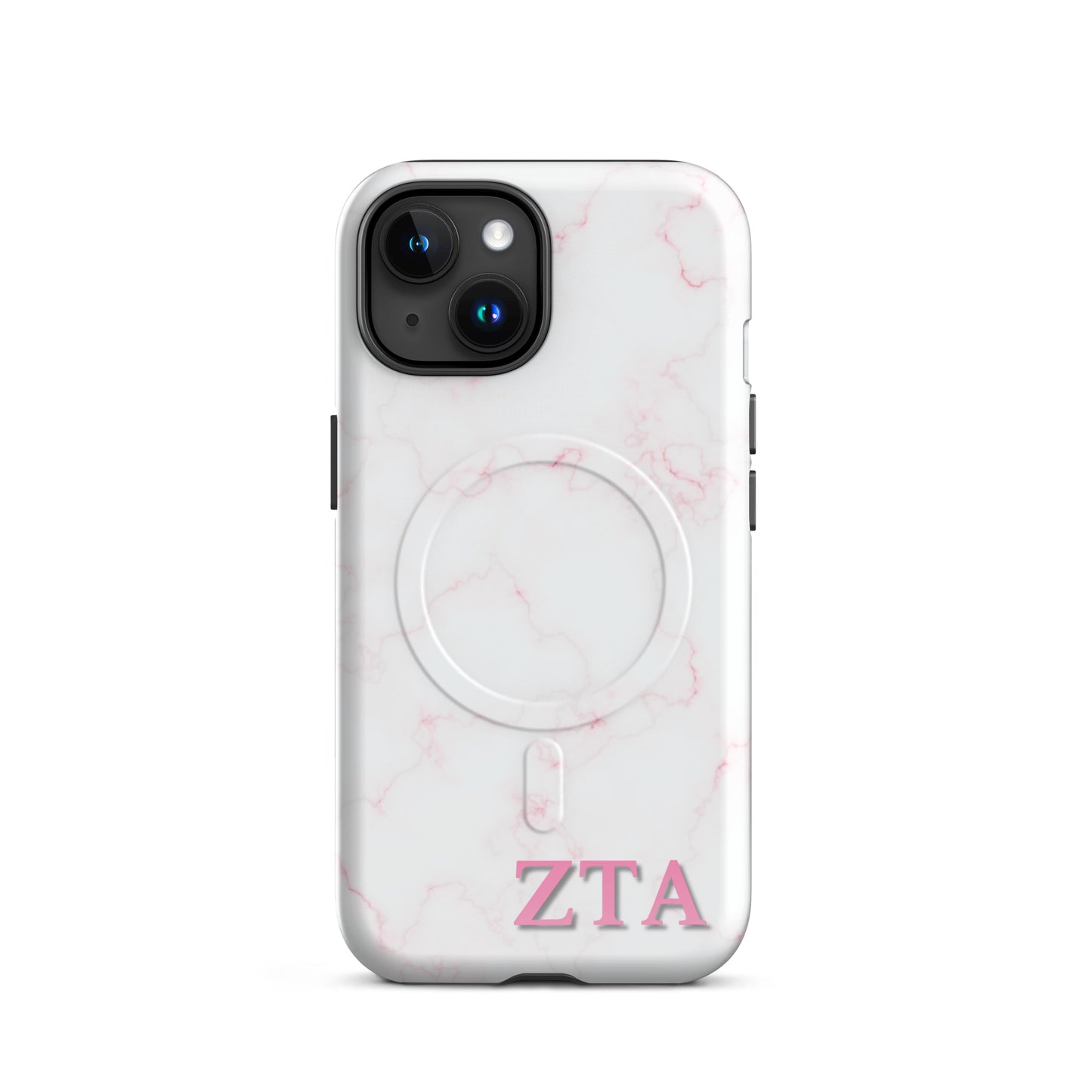 Zeta Tau Alpha ZTA iPhone 15 case white marble design with light pink veins and MagSafe ring close-up on white background