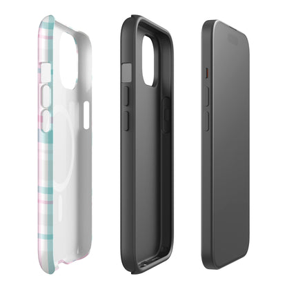 Zeta Tau Alpha plaid iPhone case with pastel teal and pink tartan pattern protective dual layers on white background