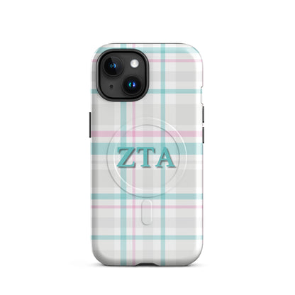 Zeta Tau Alpha ZTA iPhone 15 case pastel plaid design with teal and pink lines and MagSafe ring close-up on white background