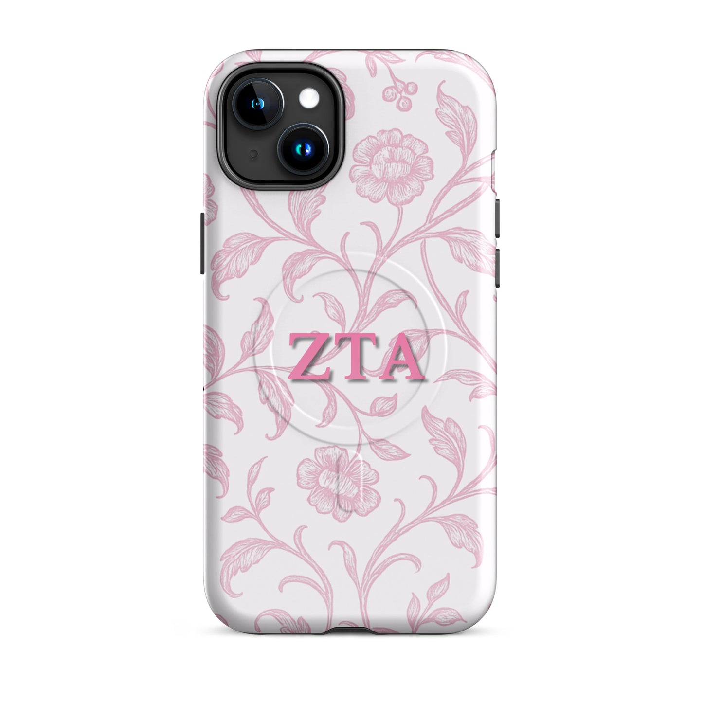 Zeta Tau Alpha iPhone 15 Plus case with blush floral pattern pink ZTA letters MagSafe compatible slim case on white background