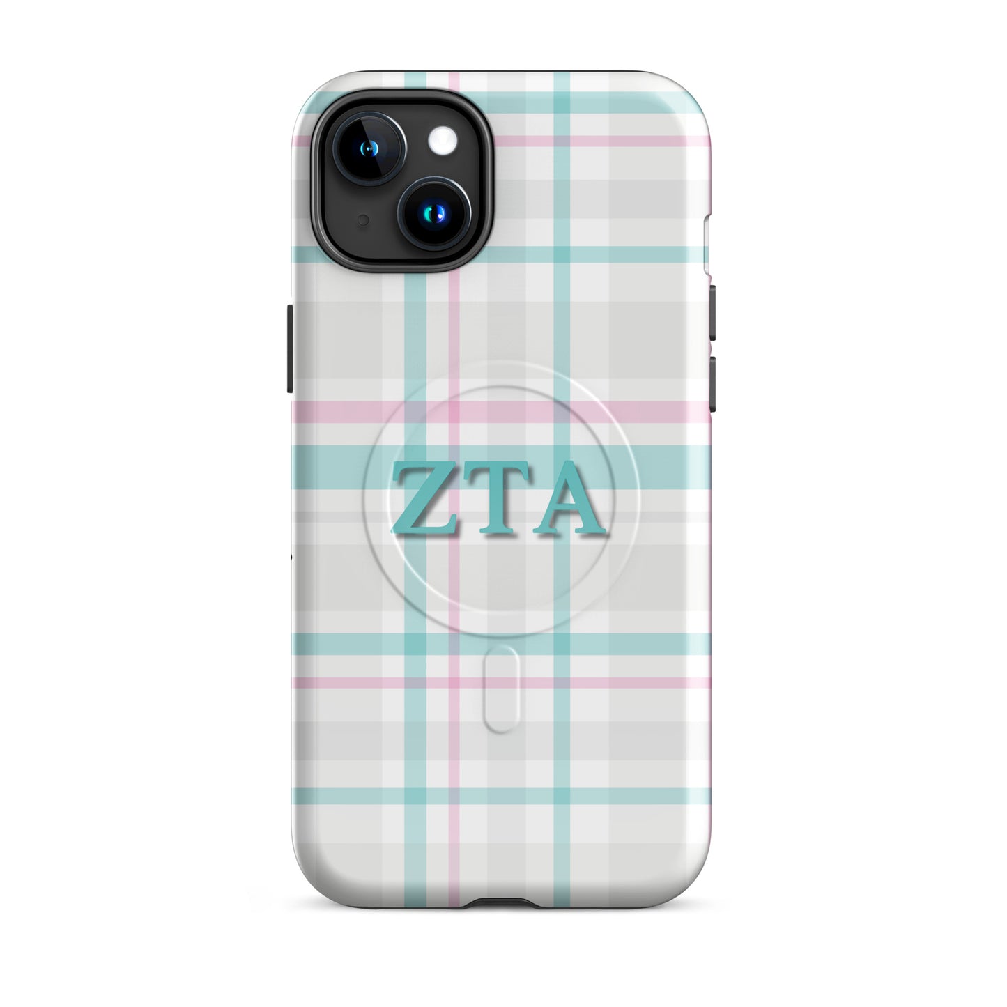Zeta Tau Alpha iPhone 15 Plus case with soft pastel plaid pattern teal and pink ZTA letters MagSafe compatible slim case on white background